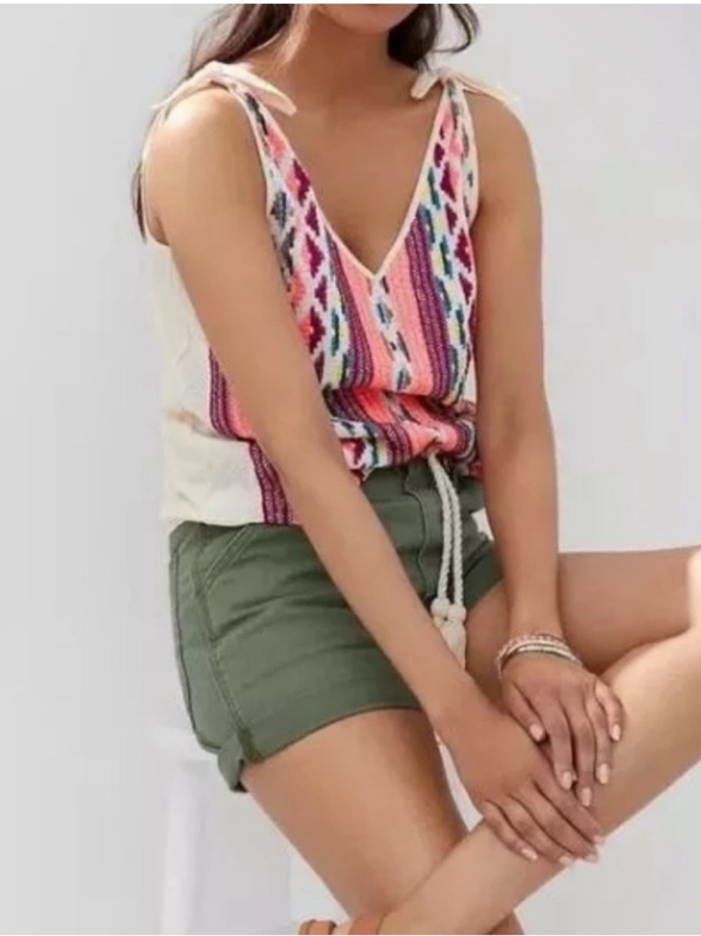 Anthropologie Dolan Aztec Embroidered Tie Shoulder Tank Top